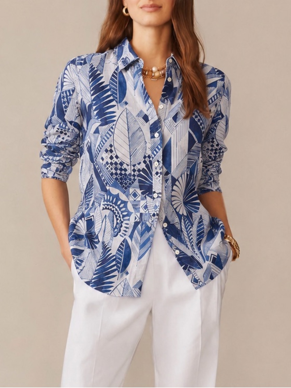 J. McLaughlin 100% Linen Blue White Tropical Print Button Down Shirt Size L